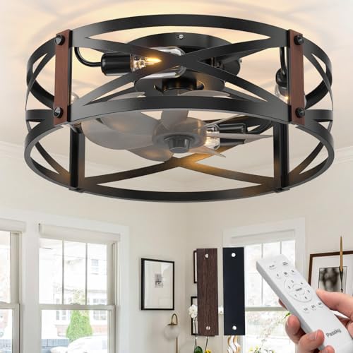 Image of Passky 20 inch Farmhouse Flush Mount Ceiling Fans with Lights and Remote, Industrial Black Caged Low Profile Fandelier, 6 Speeds Bladeless Ceiling Fan for Bedroom, Kitchen, Living Room