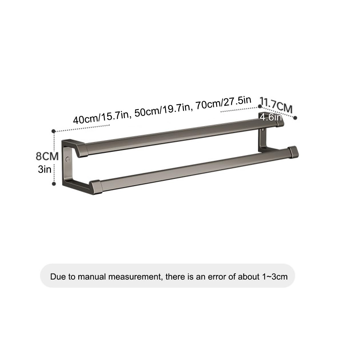 Handtuchstangenhalter, Wandhalterung aus Aluminium, dickwandig, Doppelstange, 50 cm/19,7 Zoll, ohne Bohren