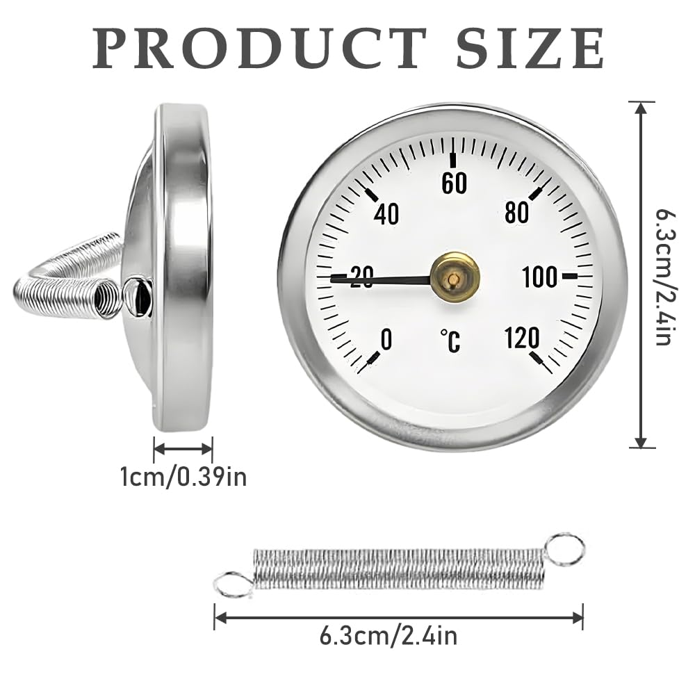 6 Stück Anlegethermometer Heizungsrohr, 0-120 °C 63 mm Rohrthermometer Heizungsrohr mit Clip-On Feder, Tragbares Rohrleitungs Thermometer, Kaminofen Rohr Thermomete für Heizanlagen und Kessel
