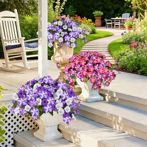 Image of Artificial Petunias 2 Packs UV Resistant, Purple White | Realistic silk no-fade faux flowers for outdoor hanging baskets, porch, patio, balcony garden decor,UV protected&weatherproof