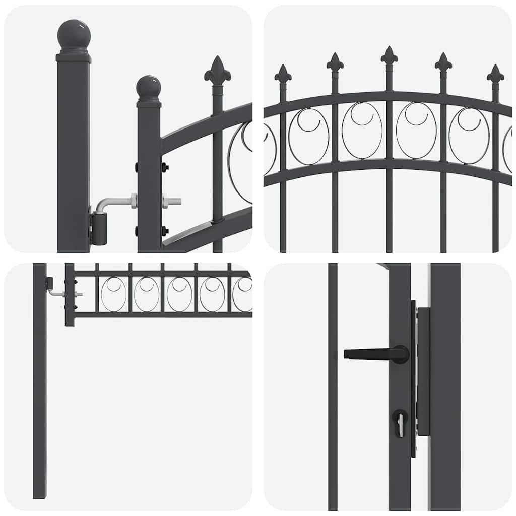 Cancello da Giardino EMMEN in Acciaio Verniciato a Polvere con Punte 104x180cm Grigio con 2 Pali e 3 Chiavi per Esterno Vialetto Recinzione Cancello Cortile Accesso Sicurezza