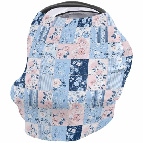 Nursing Cover for Breastfeeding Scarf, Vintage Various Blue Pink Floral Splice Print Baby Car Covers Super Soft Multi Use for Canopy Shopping Cart Cover Blanket Stroller Cover