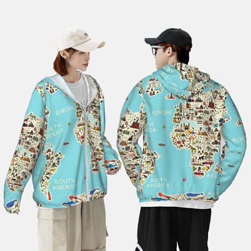 VOSERY World Travel Line Icons Map Sun Protection Zip Up Hoodie Jacket Lightweight Long Sleeve Sun Shirt for Women Men2