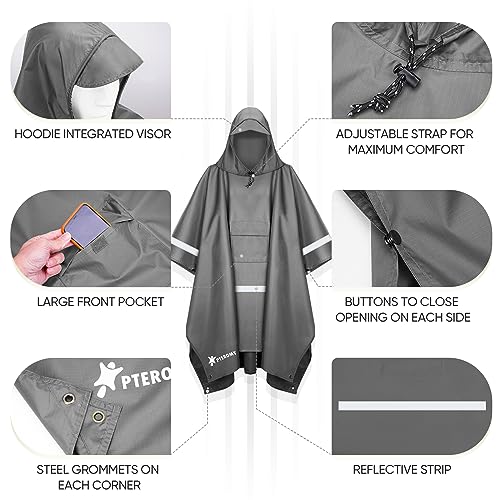 Image of PTEROMY Hooded Rain Poncho for Adults, Reusable Waterproof Raincoat