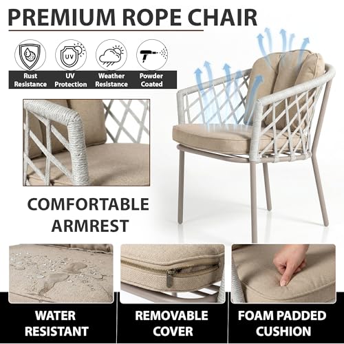 Image of BRISHI Garden Patio Seating Chair and Table Set Outdoor Balcony Garden Coffee Table Set Furniture with 1 Table and 2 Chairs Set with Cushion Braid & Rope (White.)