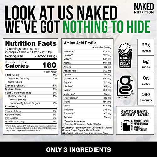 Chocolate Naked Whey Protein 1Lb - All Natural Grass Fed Whey Protein Powder, Organic Chocolate, And Coconut Sugar - No Gmo, No Soy, And Gluten Free, Aid Growth And Recovery - 12 Servings #TOP3
