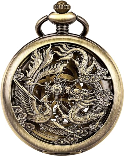 Image of SIBOSUN Mechanical Pocket Watches Mens Lucky Phoenix and Dragon Skeleton Pocket Watch Black Antique Roman Numerals Box