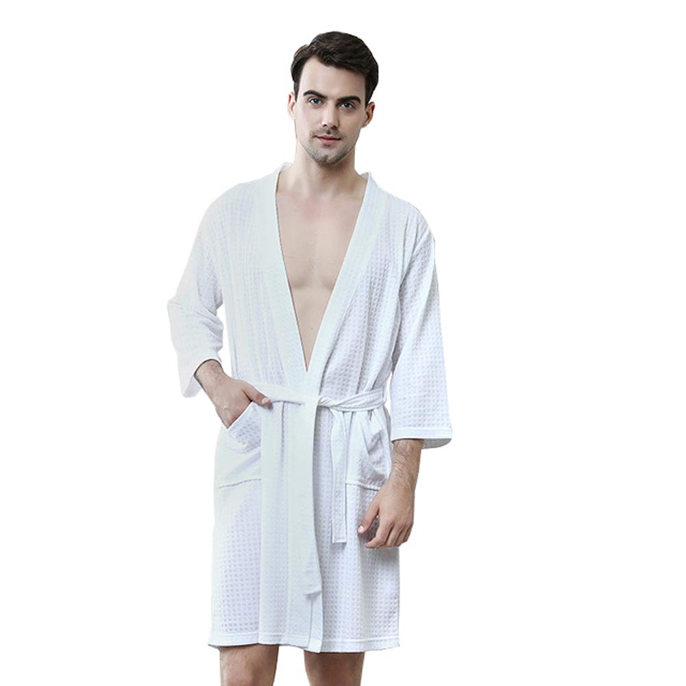 Rojeam Men's White Kimono Waffle Robe Unisex Lightweight Soft Knee Length Spa Bathrobe Sleepwear With Pockets, L