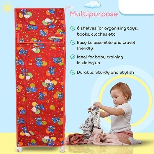 Image of HYSEYY Baby Wardrobe Plastic Kids Storage Rack with Fabric Cover & Wheels | 6-Tier Plastic Shelves Organizer | Toy, Book & Clothes Storage Cabinet for Kids Room (Red)