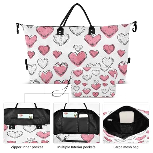 White and Pink Hearts Travel Duffle Bag,Large Weekender Travel Bag for Women Men Waterproof Luggage Bag with Trolley Sleeve,Airplane Travel Essentials for Flying2
