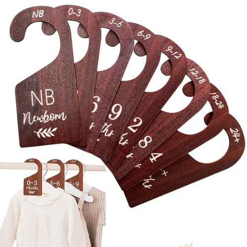 Image of WUXTANGZ Baby Closet Dividers, Hanging Wooden Double-Sided Nursery Decor Closet Dividers for Baby Clothes, Baby Clothes Dividers for Newborn to 24 Months Size Clothes (Brown, 8pcs)