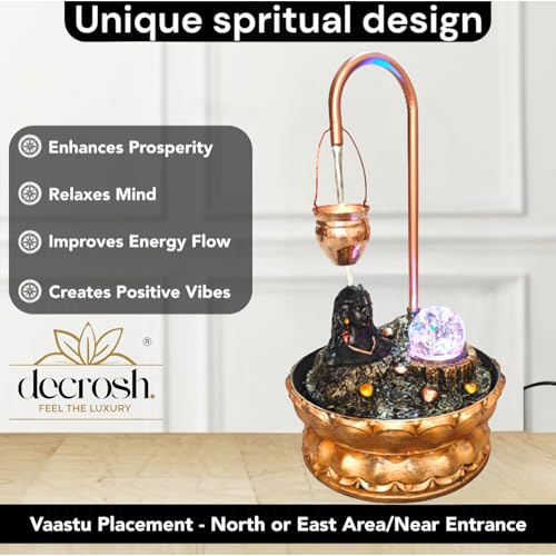 Image of Decrosh Copper Metal Shivling Water Fountain with Crystal Ball for Home Decor Showpiece Tabletop Waterfall Decoration | Indoor & Outdoor (Medium, Adiyogi Fountain)