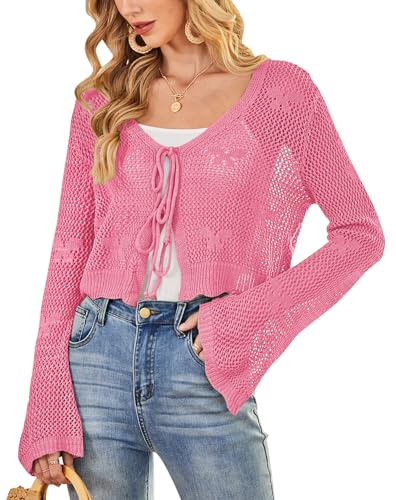 Image of Balimtoy Women Tie Front Cardigan Crochet Sweater Crop Tops Cute Bell Long Sleeve Knit Shrug Beach Vacation Cover Up