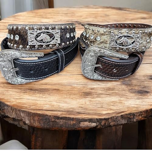 Leather Western Belts For Men Horse Concho Cow Hair High End Tooled Rivet Gem Mens Belt2