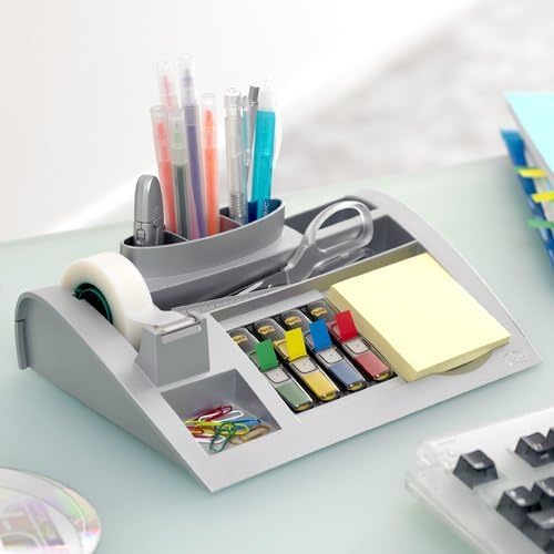 Post-it Desk Organizer, Silver Color - For Improved Workflow with Notes Index Tabs and Scotch Tape, 1x Organiser pre-loaded with stationery and supplies
