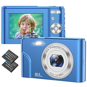 Digitalkamera Fotokamera Autofokus Kompaktkamera – 48MP 1080P HD Fotoapparat 2,4 “ LCD mit 16X Digital Zoom Wiederaufladbare Digital Kamera für Kinder, Teenager, Anfänger, Jungen, Mädchen(Blau)