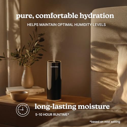 Image of Homedics Portable Humidifier - Small Ultrasonic Cool Mist Humidifier for Bedroom, Desk & Travel, Mini Personal Humidifier, 7.7 oz Tank, Auto Shutoff, Night Light, Rechargeable (Gloss Black)