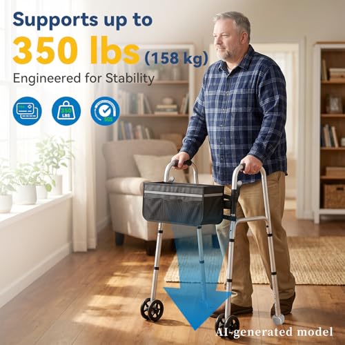 Image of Folding Walker for Seniors with Reflective Strip Basket for Seniors Elderly | Lightweight Aluminum Rolling Walker with 4 x 5 inch Front Wheels, Storage Bag & Ski Glides 8 Height Adjustments, 350lbs Capacity