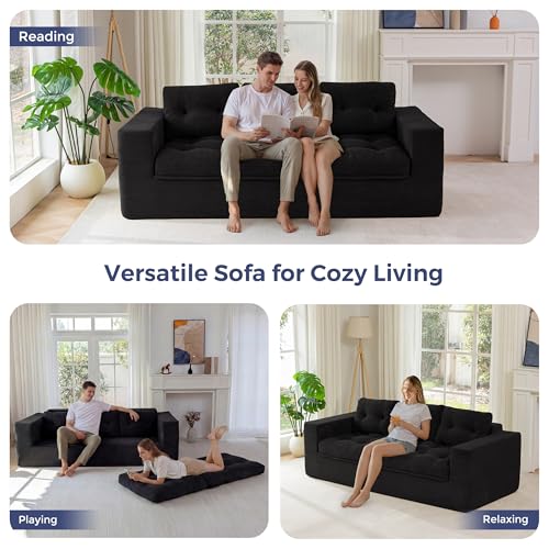Image of MAXYOYO 79 inch Loveseat Sofa Couch for Small Spaces, Upholstered Boneless Cloud Couch for Apartment Bedroom, 2-Seater Love Seat Floor Modern Sofa with Pillows, No Assembly Required, Black