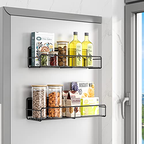 Image of 2 Pack Magnetic Spice Rack Organizer, Space Saver for Refrigerator and Microwave Oven, Magnetical Fridge Shelf for Jars, Seaoning, tins and Utensils Black