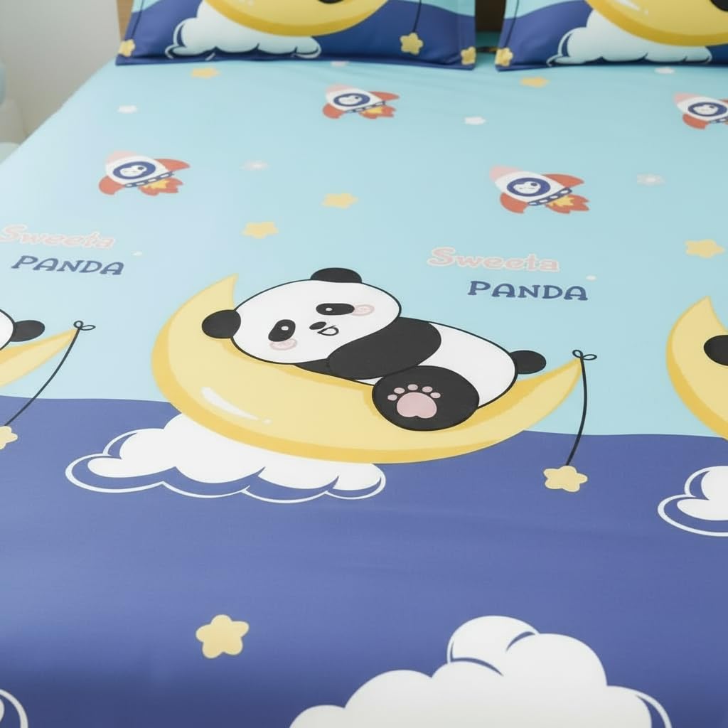 Filymore Kids Single Bedsheet with Pillow Cover – Cloud Panda Theme, 240 TC Soft Microfiber Bed Sheet for Single Bed (90x60 Inches), Breathable & Skin-Friendly Kids Bedding Set, Sky Blue & Purple 1