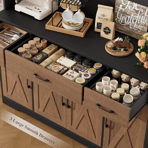 Image of HOSTACK 71 inch Tall Kitchen Pantry Cabinet, 55 inch W Kitchen Hutch, Brown /Black | Large Pantry Starge Cabinet with Charging Station / Countertop / Drawer, Farmhouse Hutch Cabinet with Storage for Dining Room