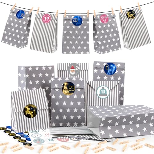Calendario dell'Avvento da Riempire, 25 Bustine Regalo Natale Fai-da-Te, Sacchettini Caramelle con 1-24 Adesivi numerici, Calendario avvento Sacchetto Regalo di Natale