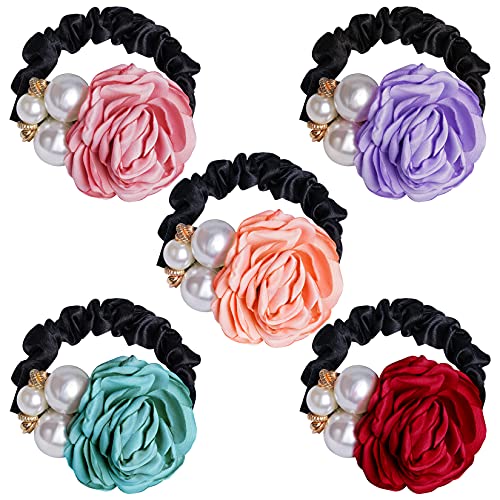 5pcs Pearl Rose Flower Hair Rope Hair Ties, SUMERSHA Elastics Rubber Bands Fashion Floral Ponytail Holders Hair Accessories for Women and Girls