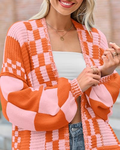 Image of BTFBM Casual Cardigan Sweater for Women Fall 2026 Long Sleeve Open Front Chunky Knit Sweaters Checkered Outwear Coat