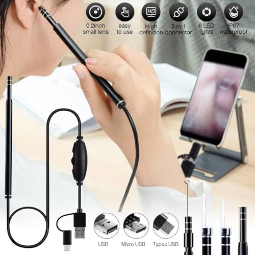 Image of Ear Otoscope, 3 in 1 Ear Endoscope, USB Digital Ear Camera Ear Wax Removal Tool with Waterproof Camera with 6 Adjustable LED Lights for Android Phone Window Mac PC