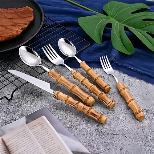 90 Piece stainless steel bamboo flatware serving spoons for 18, 18/8 stainless bamboo handle silverware set, High - Gloss Finish, Dishwasher Safe cutlery reusable,XJ-002