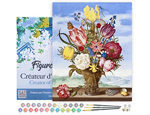 Figured'Art Peinture par Numéro Adulte avec Cadre Bouquet de Fleurs - Ambrosius Bosschaert - Activité Manuelle Kit de Loisir Créatif DIY Numéro d'Art Complet - 40x50cm toile tendue sur châssis