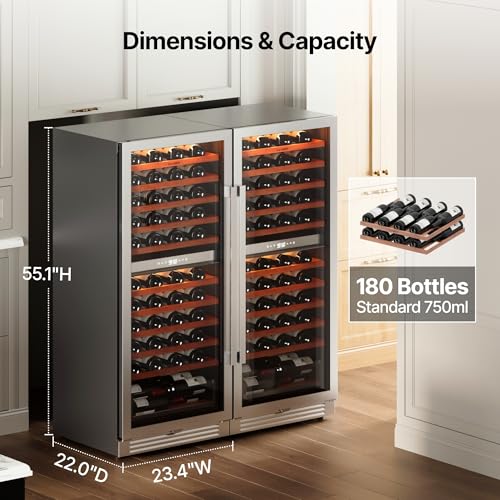 Image of Ca'Lefort 24 Inch Wine Fridge Set, 180 Bottle Capacity Dual Zone Wine Cooler Refrigerator, Built-in Glass Door Wine Fridge with Adjustable Shelves & 3 LED Lighting for Home Bar Kitchen (Two 24 inch Units)