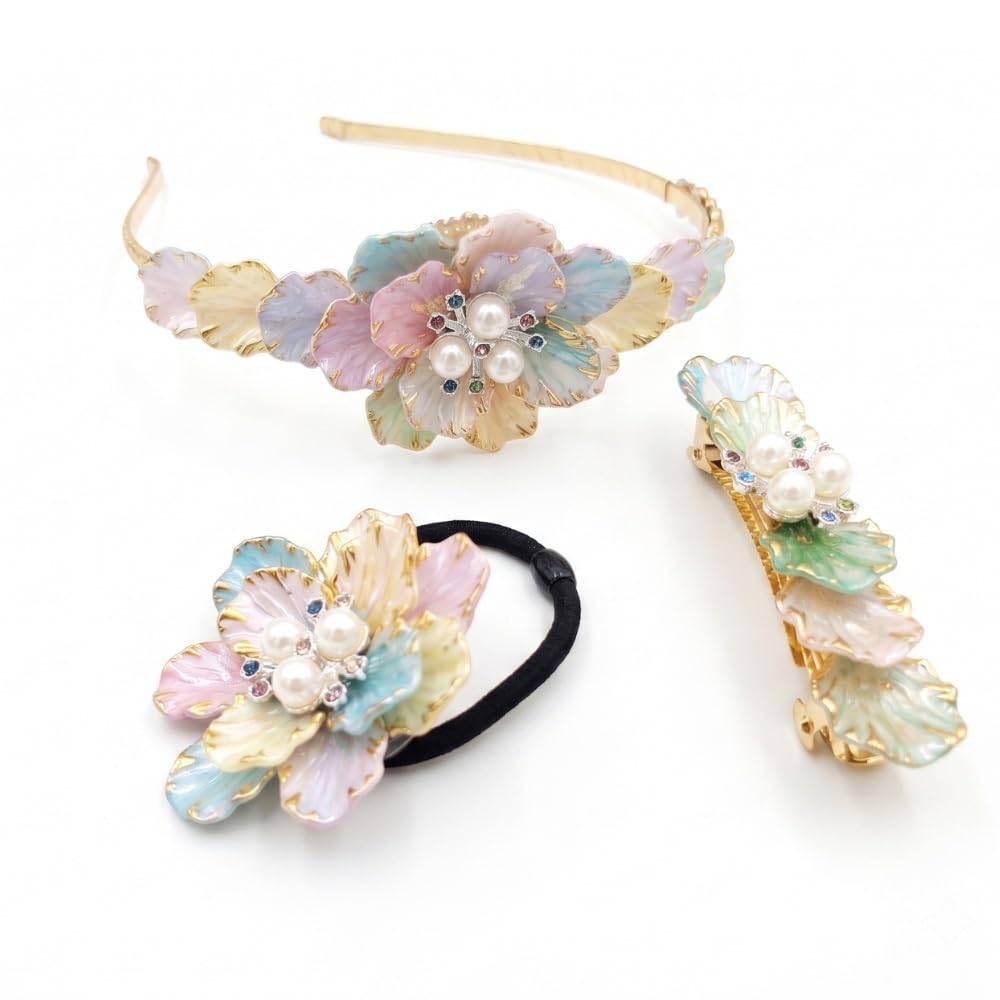 Handcrafted Floral Pearl Hair Accessories Set - Mom and Daughter Combo | Pearl Floral Hairband, Center Hair Clip & Elastic Hair Tie | Gold Tone Designer Ethnic Accessories Set for Women, Girls & Kids (3-Piece Set)-image-49