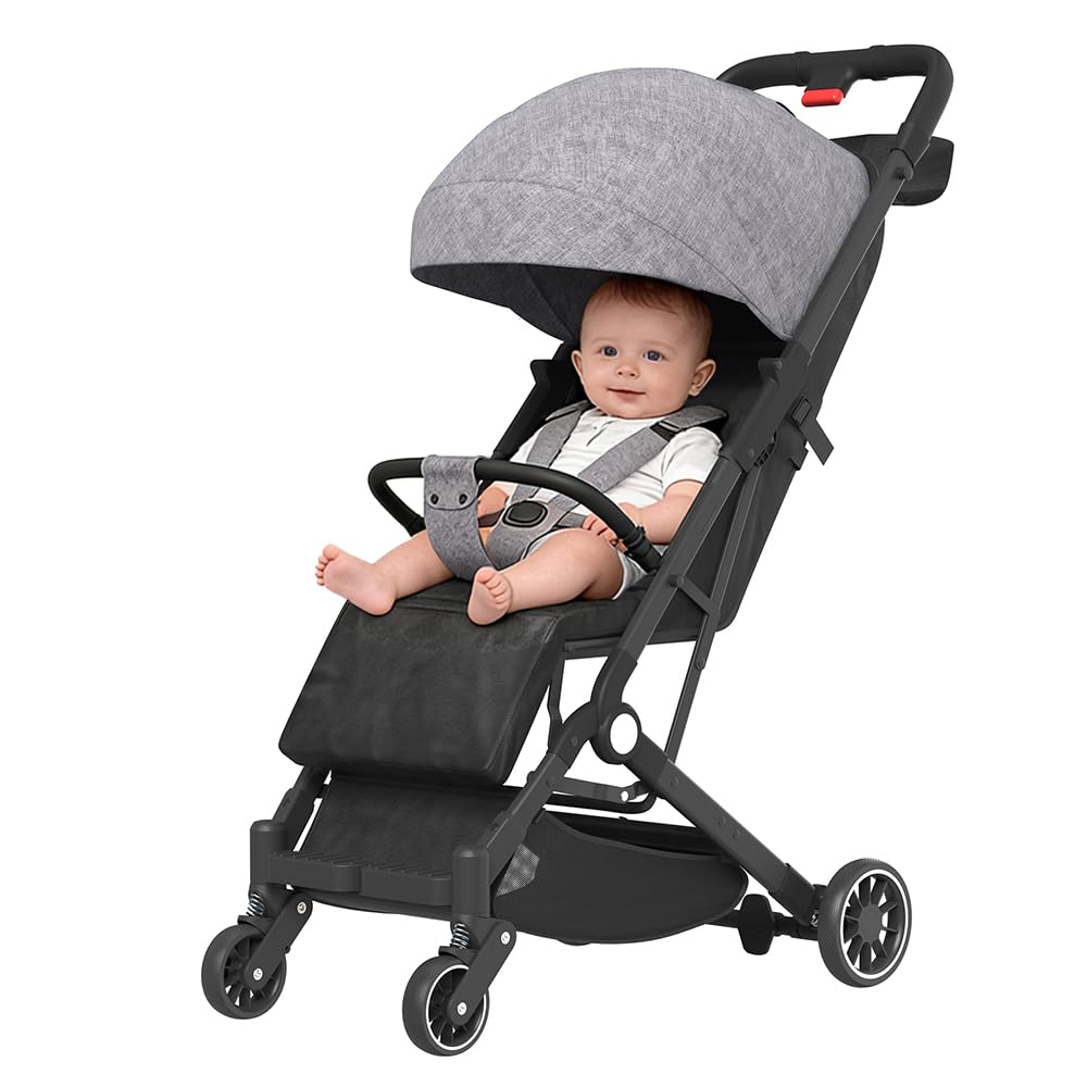 Buggy, wózek dziecięcy, wózek do leżenia, wózek sportowy, składany, siedzący i leżący, 4 koła PU, 5-punktowy pasek, waga 15 kg (szary – A)