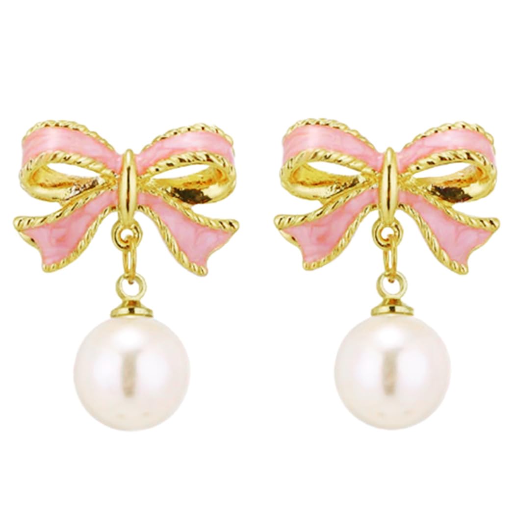 Zehope Bow Pearl Earrings Ribbon Bowknot Drop Stud Earring Sparkly Rhinestone Dangle Earrings Jewelry for Women