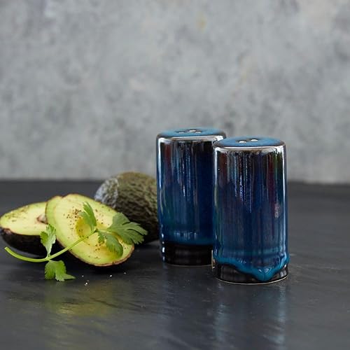 Vietnam - Salero y pimentero de cerámica con explosión de color azul y negro esmaltado a mano