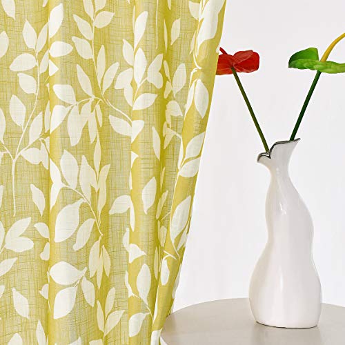 Image of Treatmentex White and Yellow Leaf Curtains for Living Room 72 inch Length Print Semi-Sheer Curtains for Kitchen Windows, Mustard Yellow, Grommet Top, 2 Pack