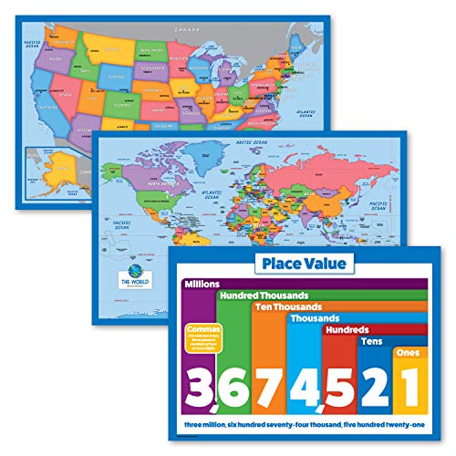 Lot de 3 cartes du monde et carte des États-Unis pour enfants + tableau mathématiques de valeur de place - 3 affiches éducatives pour enfants (laminées, 45,7 x 73,7 cm) Cover