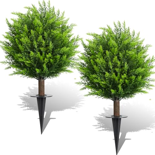 26.5' Artificial Cedar Topiary Ball Trees, Set of 2 UV Resistant Fake Evergreen Trees Shrubs Bushes...