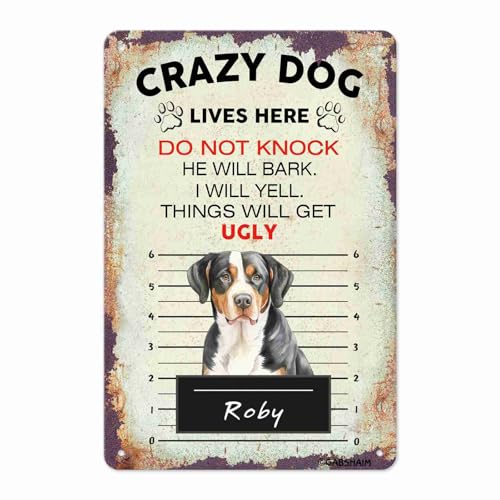 GABSHAIM Custom Crazy Dog Lives Here Warning Metal Sign Funny Mountain Dog Welcome Tin Sign for Outdoor Home Farmhouse Wall Art Decorations 12X8 Inch