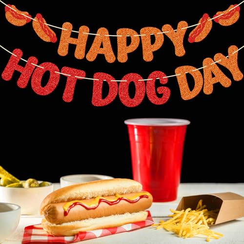Image of Hot Dog Day Banner, Summer Barbecue Party Decorations | Summer BBQ & Cookout Party Sign, National Hot Dog Day Decorations, Pre-Strung Food Theme Party Decor