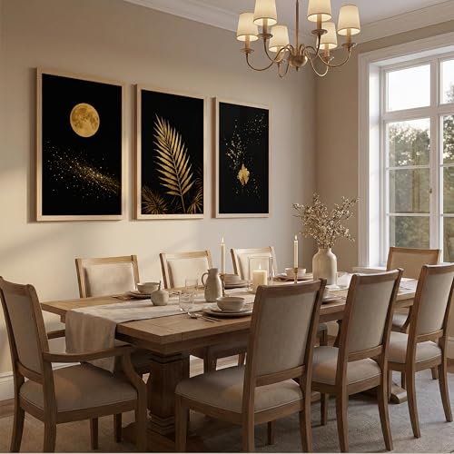 Image of TheMakerly Set of 3 Moon & Golden Palm Leaf Wall Art Paintings for Living Room | Modern Luxury Black Gold Wall Decor | Framed Wall Paintings for Bedroom, Hall, Office & Home Decoration (13x19 Inches)