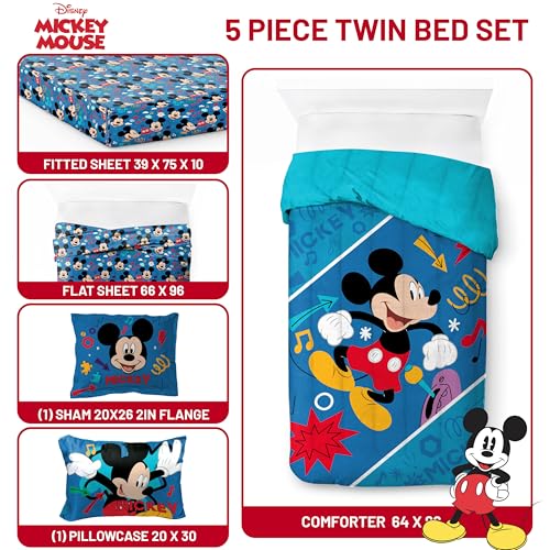 Image of Disney Mickey Mouse Twin Comforter Set 5 Piece Kids Cartoon Bedding, Blue | Bed in a Bag, Comforter Sheets Sham Pillowcase, Official Product, Soft Microfiber, Machine Washable, Easy Care, Boys Gift