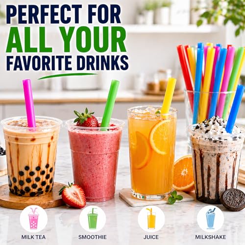 Image of ALINK 100 Extra Large Plastic Bubble Tea Smoothie Straws, 1 /2 inch Wide X 8 1 /2 inch Long Jumbo Boba Straws for Milkshakes, Milk Tea, Slush, Juice, Party (Pack of 3)