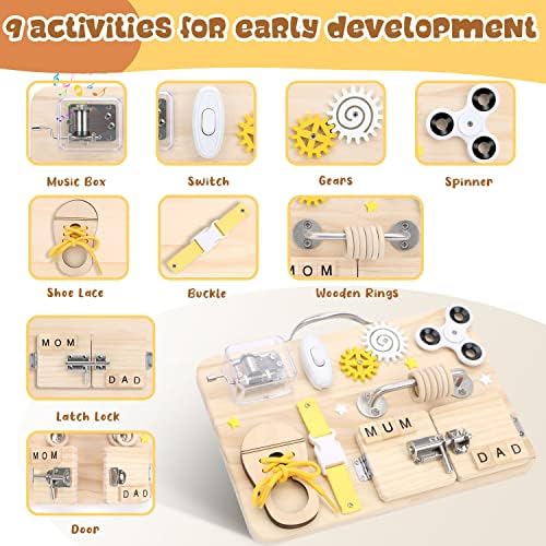 Wooden Busy Board for Toddlers, Handmade Montessori Sensory Toys Acitivity Travel Board for Early Development and Autism, Preschool Educational Gifts with Basic Life Skills Fine Motor Skills
