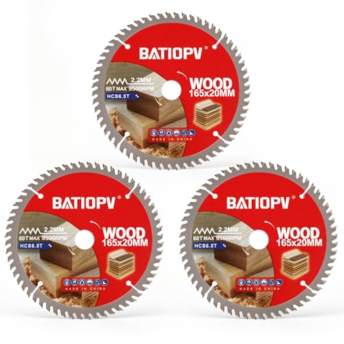 Image of BATIOPV Fine Cutting Circular Saw Blades for Wood – 165mm x 20mm TCT – 3 Pack 60 Teeth – Compatible with Bosch, Makita, Dewalt