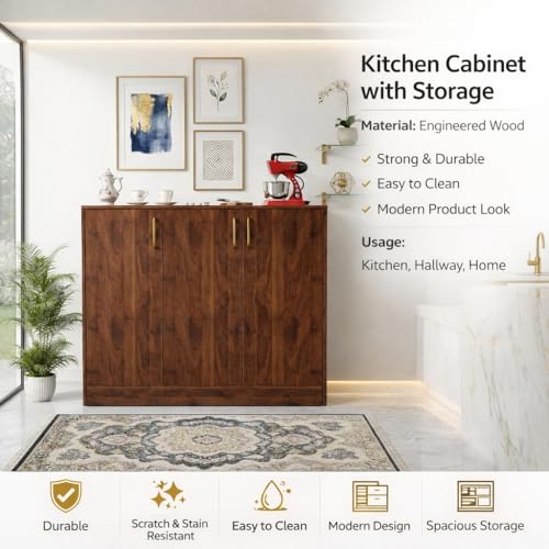 Image of Spyder Craft Modern Engineered Wood Sideboard & Crockery Cabinet - 3-Door Storage Organizer with Gold-Finish Handles and Geometric Pattern for Living Room, Kitchen, and Office (Columbian Walnut)