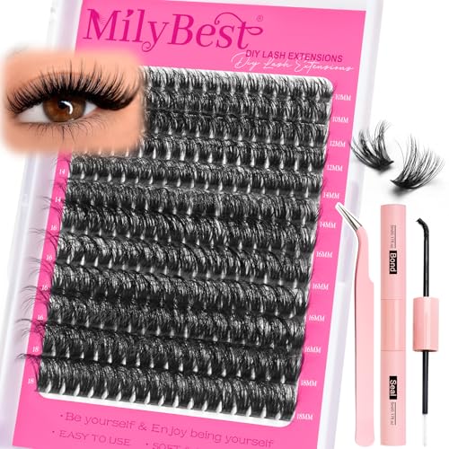 MilyBest 80D Natural Fluffy Lash Clusters Kit, 10-18mm D Curl | Bond and seal with tweezers, wispy individual eyelash extensions for party, wedding, quick salon-style daily glam looks