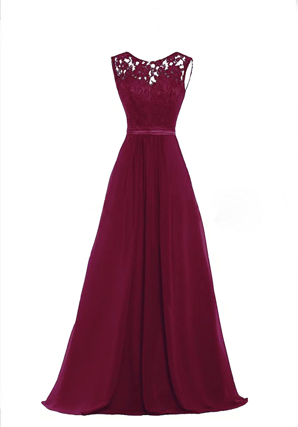 Lecureler Women's Burgundy Illusion Lace Prom Bridesmaid Dress Size 14